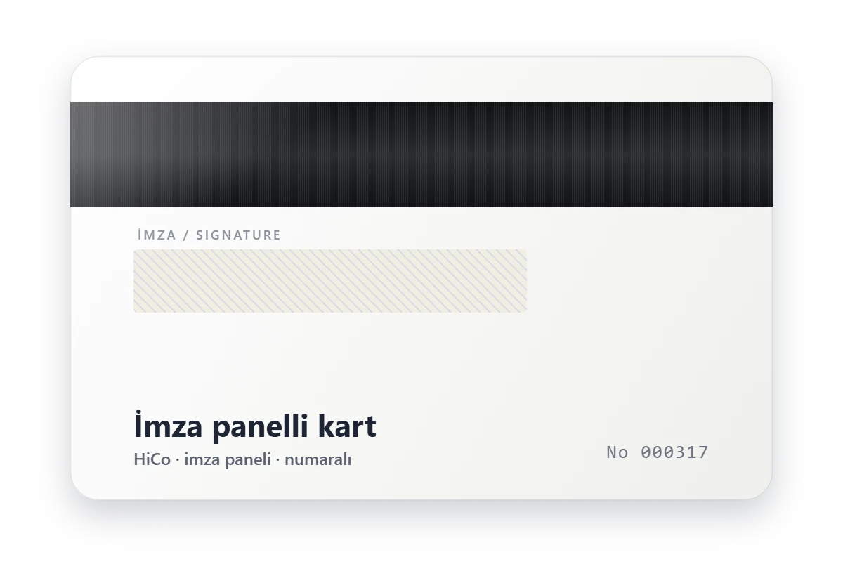 İmza panelli HiCo manyetik kart, numaralı arka yüz